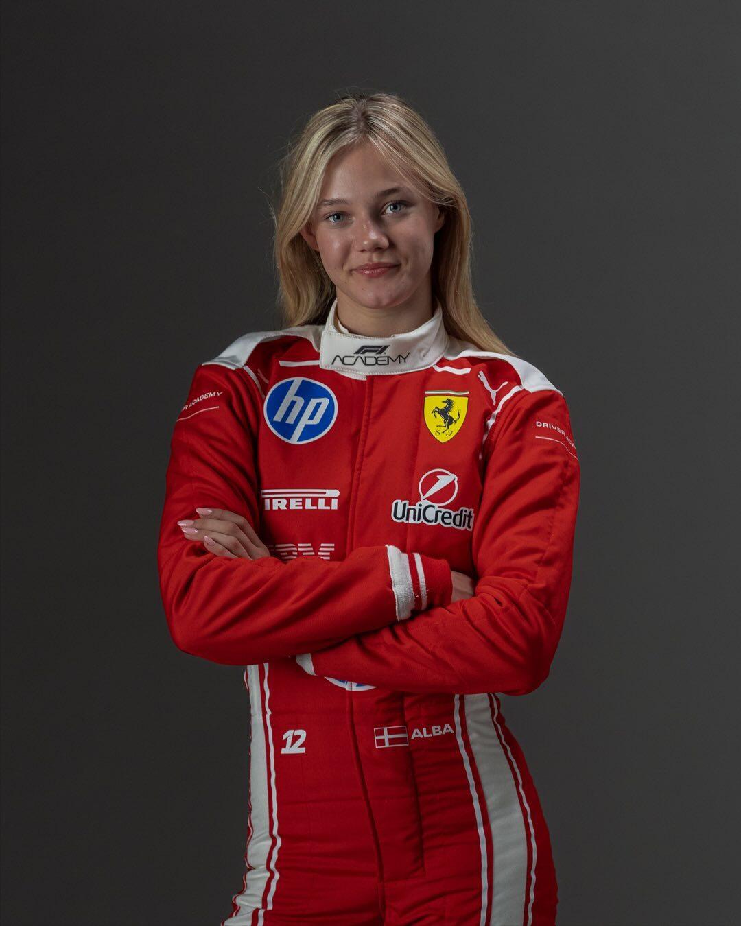 Alba Larsen in Ferrari F1 Academy racesuit