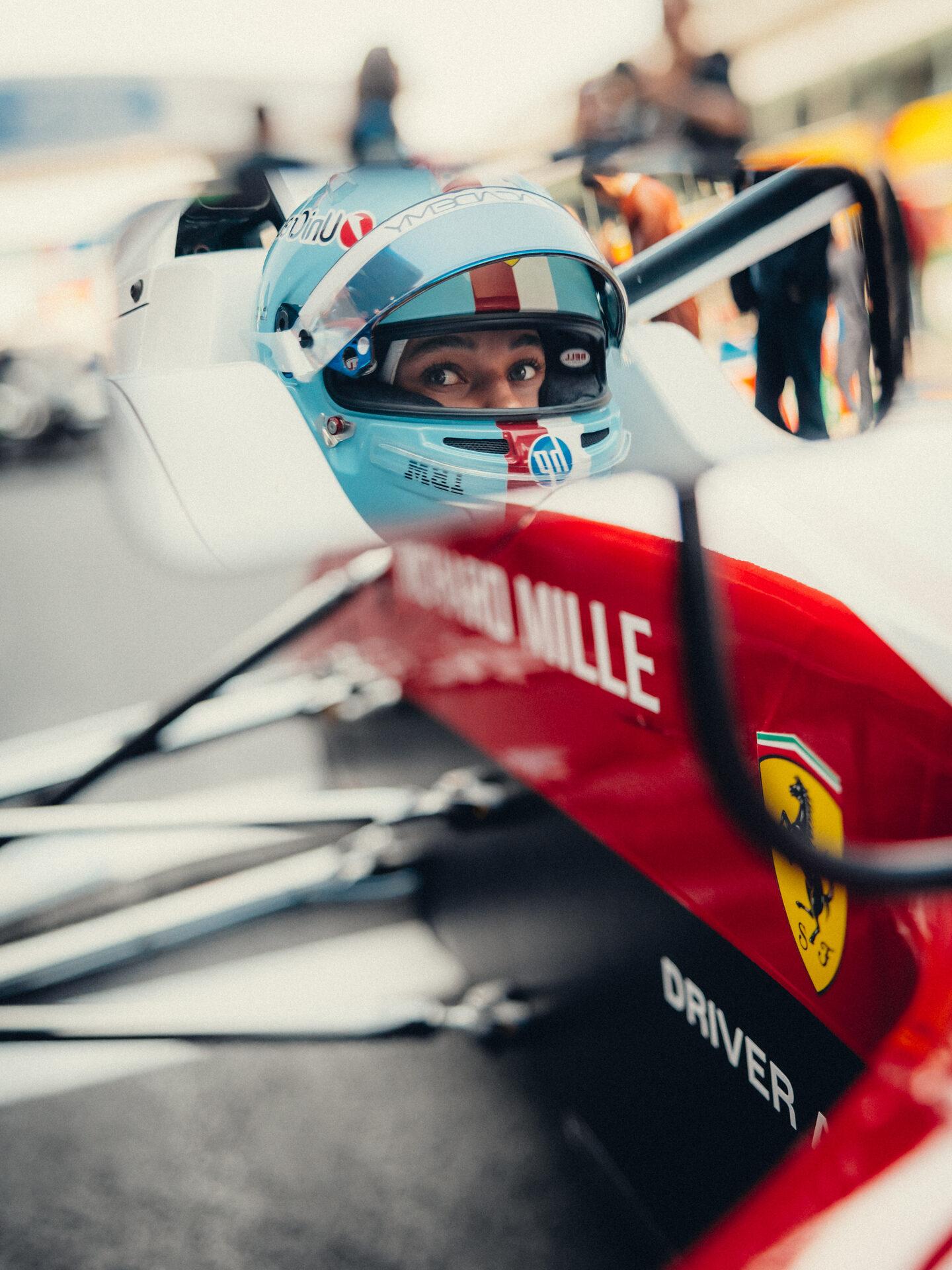 Alba Larsen in the Ferrari cockpit, Shanghai 2026